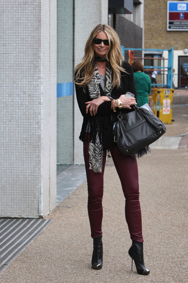 Elle Macpherson's Brown Leather Jacket, Wide Leg Pants, and Slide Heels  Look for Less - The Budget Babe