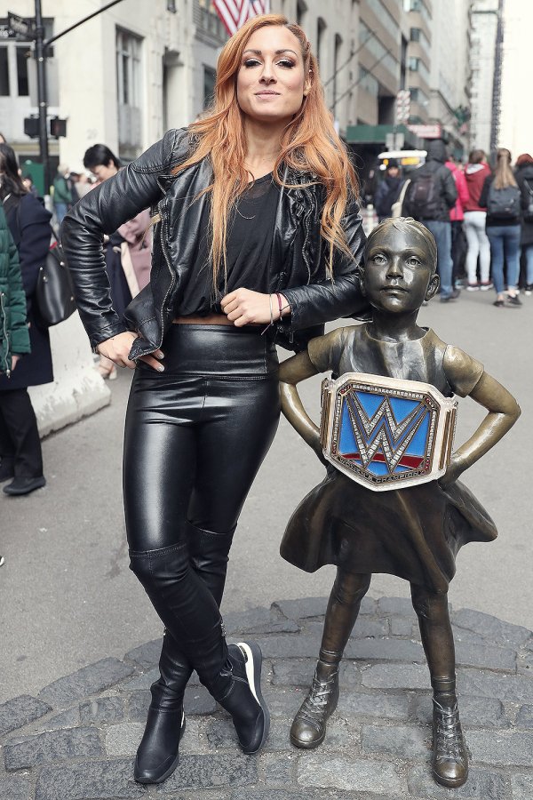 Becky Lynch at Fearless Girl statue in the Wall Street