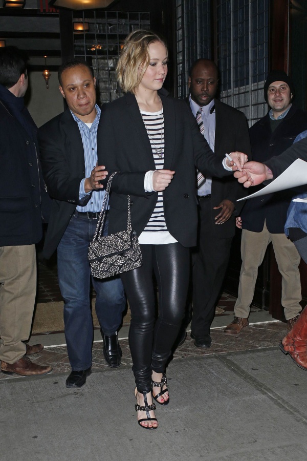 Jennifer Lawrence walking outside of the Greenwich Hotel