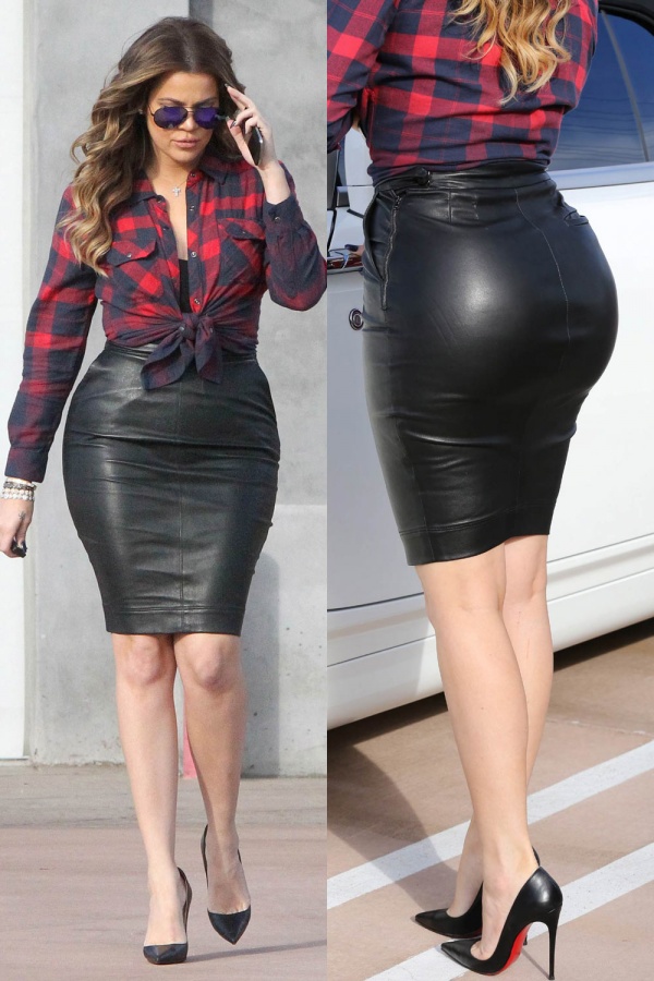 Khloe Kardashian rocks a tight black leather skirt while filming in Calabasas