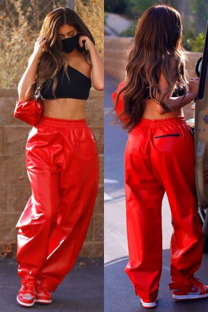 kylie jenner red leather pants