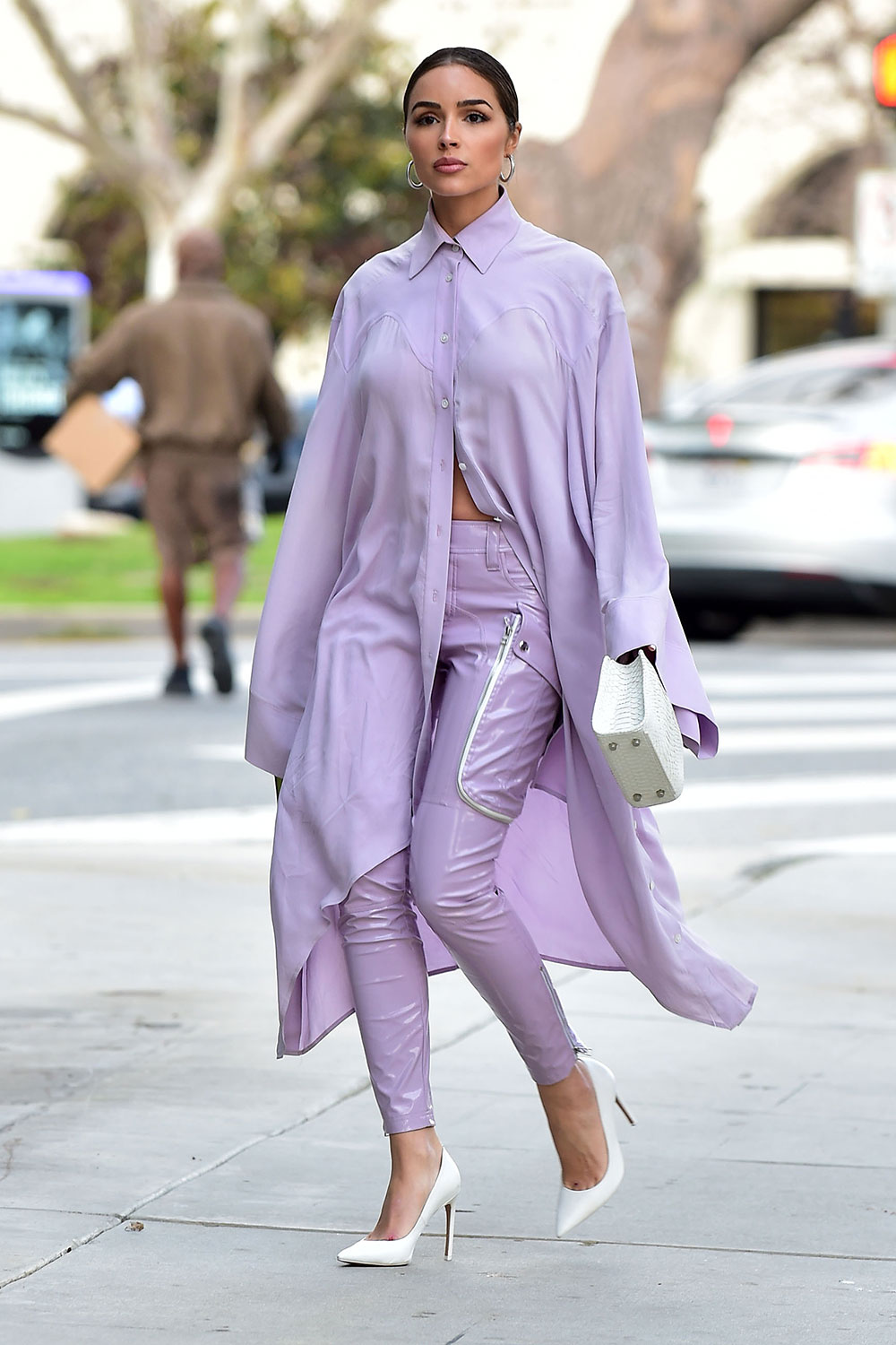 Olivia Culpo leaving a meeting - Leather Celebrities